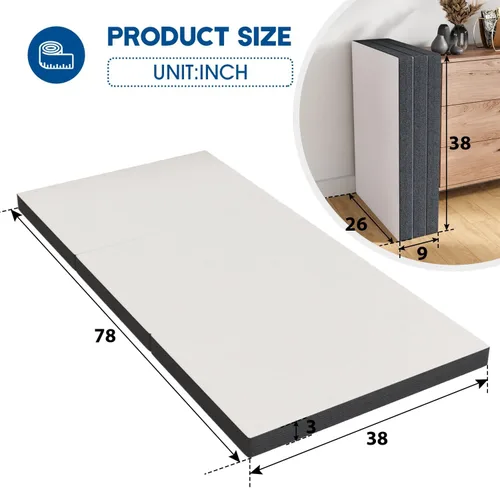 Vista 2 de BLKMTY Colchón plegable de 3 pulgadas, tamaño individual, colchón de espuma viscoelástica de triple pliegue, transpirable, con funda lavable