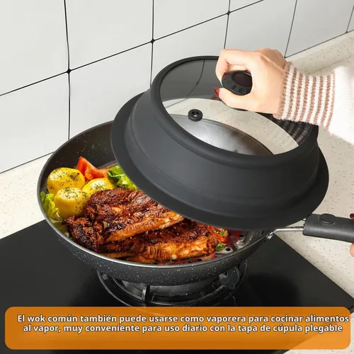 Vista 6 de Tapa plegable para salpicaduras de microondas con cubierta de vidrio templado ventilado, tapa wok apta para microondas, olla de vapor y olla redonda