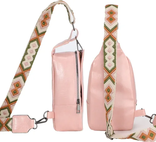 Vista 3 de Riñonera pequeña para mujer, de piel sintética, bolsa cruzada, bolsa de pecho, bolsa de hombro para mujer, viajes, ciclismo, Rosa (F-Pink)