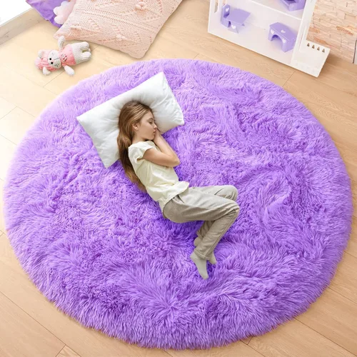 Vista 13 de junovo - Alfombra redonda y esponjosa para niños y niñas, de castillo de princesa, de felpa lanuda, para dormitorio, habitación de bebé, sala