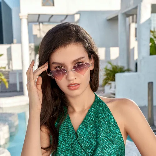 Vista 4 de Gafas de sol triangulares sin montura en forma de diamante para mujeres y hombres, para fiesta rave, gafas de sol azules vintage para mujer, Azul