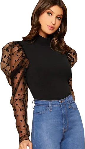 Vista 3 de Floerns Blusa de manga abombada con cuello de lunares para mujer