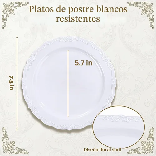 Vista 9 de DaYammi 60 platos de plástico blanco, platos de postre desechables de 7.5 A Blanco