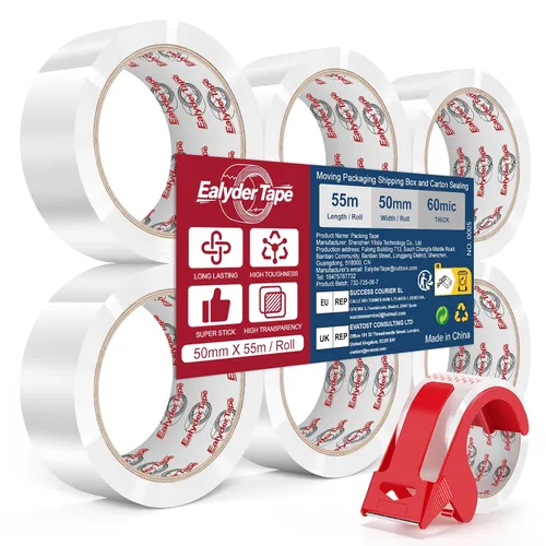 Vista 10 de Cinta de embalaje marrón de 2 pulgadas x 60 yardas, 3 rollos con dispensador - Cinta de sellado de paquetes resistente para envío, mudanza