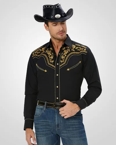 Vista 5 de Camisa vaquera occidental bordada de manga larga casual con botones a presión para hombre