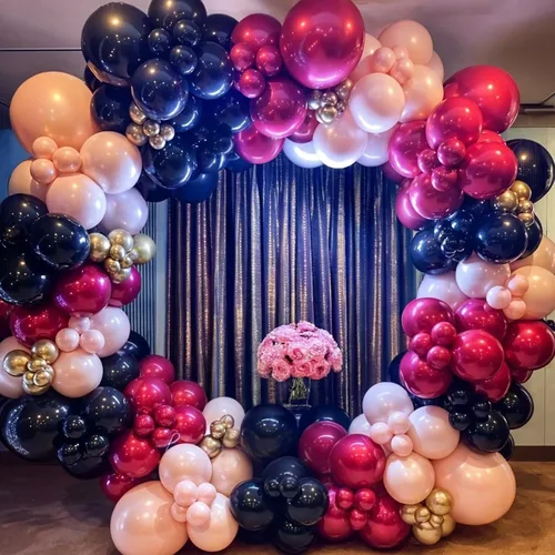 Vista 6 de Globos rosados y negros, 60 piezas de 12 pulgadas, color rosa intenso, rosa claro, negro, confeti, globos metálicos rosados para fiesta temática