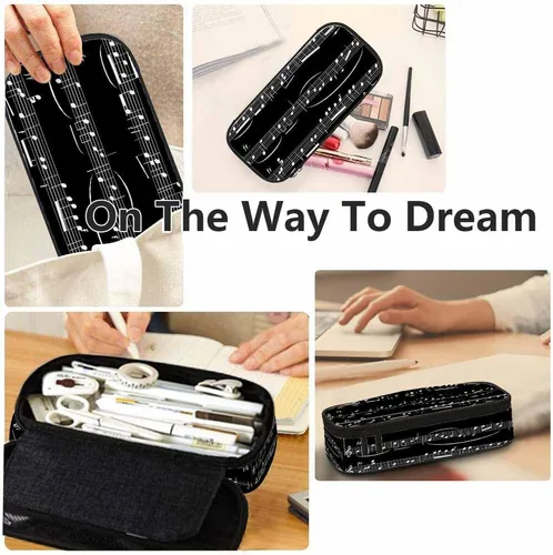 Vista 5 de Yekiua Estuche para lápices con notas musicales, estuche de gran capacidad para partituras musicales, estuche de lápices para oficina, universidad