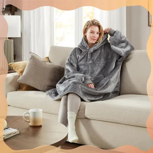 Vista 7 de Degrees of Comfort Manta de gran tamaño con capucha, mantas suaves para adultos, mujeres y hombres, acogedora sudadera con bolsillo gigante