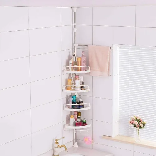 Vista 7 de Hershii Estante de ducha esquinero de 4 niveles con barra de tensión, organizador de estante de baño, estante de almacenamiento ajustable para baño