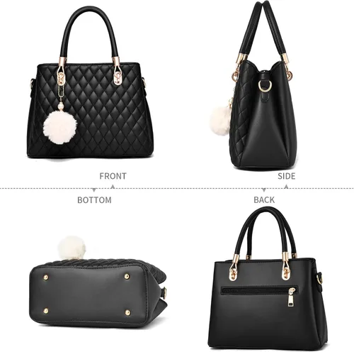 Vista 2 de Bolsos de cuero para mujer con asa superior acolchado bolsa de hombro para mujer con pompón