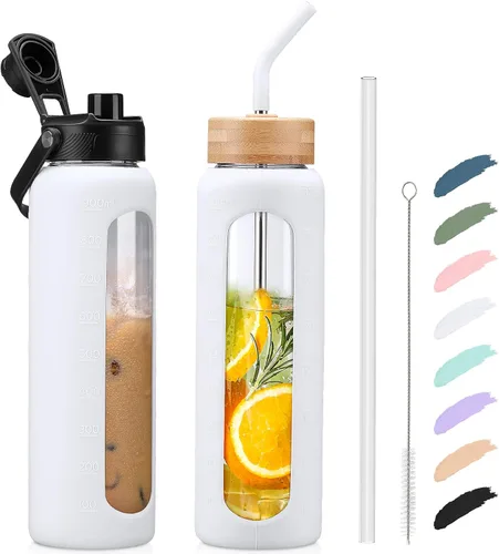 Vista 17 de Botella de agua Kodrine con pajita, botella de vidrio de 24 oz con 2 tapas, una de pajita de bambú y otra con pico y asa, botella de vidrio