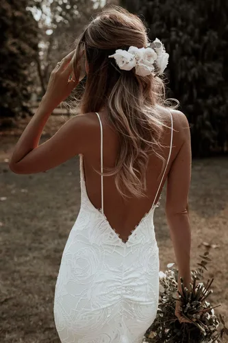 Vista 4 de Clothfun - Vestidos de novia de encaje con mangas para mujer, vestidos de novia largos para la playa