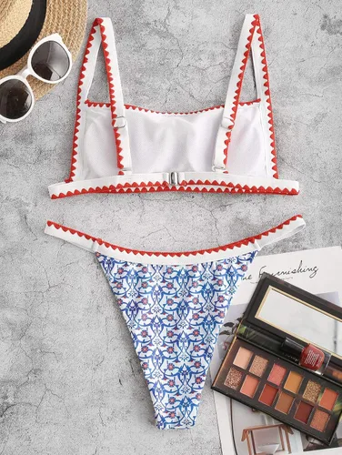 Vista 2 de ZAFUL Traje de baño bohemio para mujer con tiras y lazo lateral, conjunto de bikini triangular atrevido con cuerdas brasileñas