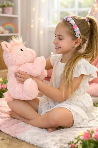 Vista 4 de Peluche de unicornio rosa, unicornio de felpa esponjoso de 10 pulgadas con cuerno dorado brillante para niñas