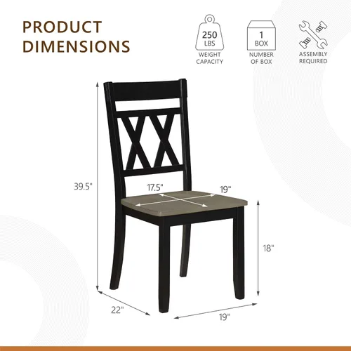 Vista 2 de Lexicon Silla de comedor de madera estilo granja, juego de 2, respaldo cruzado doble, sillas rústicas sin brazos, muebles de cocina y comedor, Negro
