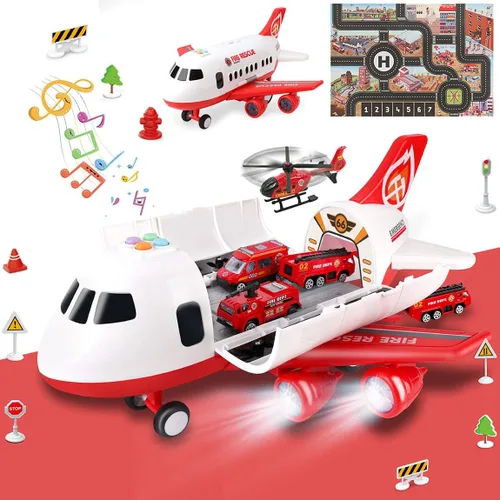 Vista 14 de Dwi Dowellin Juguete de avión rosa con 6 camiones y tapete de juego, avión con luces y sonidos para niños y niñas de 3, 4, 5, 6, 7 años