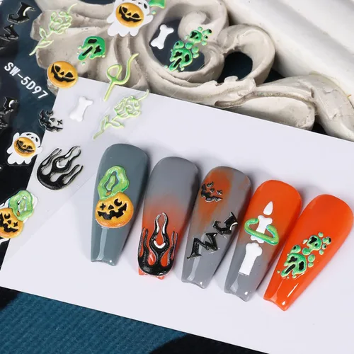 Vista 6 de 6 hojas de calcomanías de arte de uñas de Halloween, 5D estéreo, autoadhesivas, diseño de ojos holográficos, fantasma, llama, calabaza, día