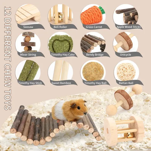 Vista 6 de Juguetes masticables de conejo, juguetes de conejo para dientes, hierba, pastel de Timothy y tratar, diferentes juguetes masticables para conejillo