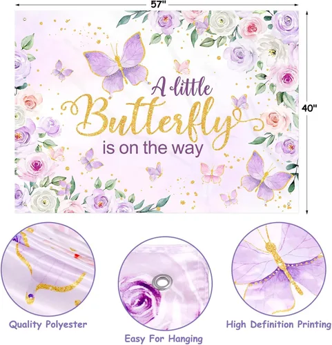 Vista 4 de Vansolinne Decoraciones de mariposa para baby shower para niña, con texto en inglés "A Little Butterfly Is On The Way", telón de fondo de baby