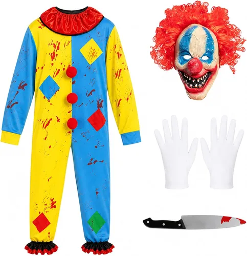 Vista 2 de Disfraz de payaso aterrador para adulto, 4 piezas, overol asesino máscara Multicolor