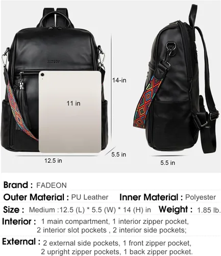 Vista 4 de FADEON Mochila de cuero para mujer, bolso de hombro de diseñador para mujer, bolso de libro de moda de PU convertible de viaje, Fadeon Bolso tipo