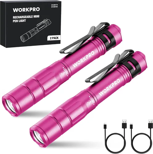 Vista 9 de WORKPRO Luz recargable para bolígrafo, mini linterna, paquete de 2 linternas EDC ultracompactas, linterna de bolsillo con clip, función de memoria