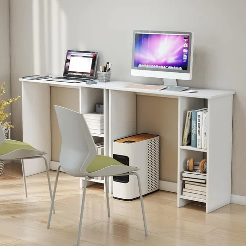 Vista 8 de Escritorio blanco para computadora, escritorio moderno con estantes de almacenamiento, mesa de juegos compacta, escritorios de madera para oficina