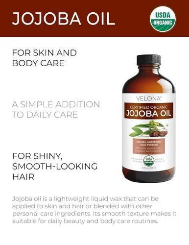 Vista 2 de Velona Aceite de Jojoba USDA Certificado Orgánico - 16 Fl Oz en Botella de Vidrio 100% Puro y Natural Dorado, Sin Refinar, Prensado en Frío