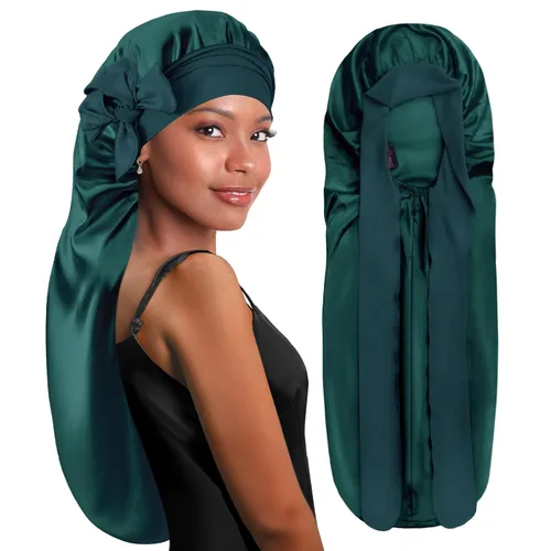 Vista 8 de BONNET QUEEN Gorro de Trenza de Seda Gorro Plegable Extra Largo para Trenzas con Banda de Atar, Capó de Satén Largo para Dormir, Verde Oscuro