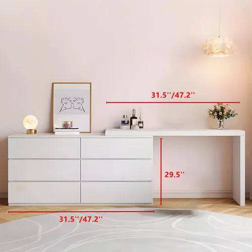 Vista 6 de LAKIQ Moderno juego de escritorio de maquillaje blanco con taburete de espejo, tocador ajustable de madera fabricada con 6 cajones de almacenamiento
