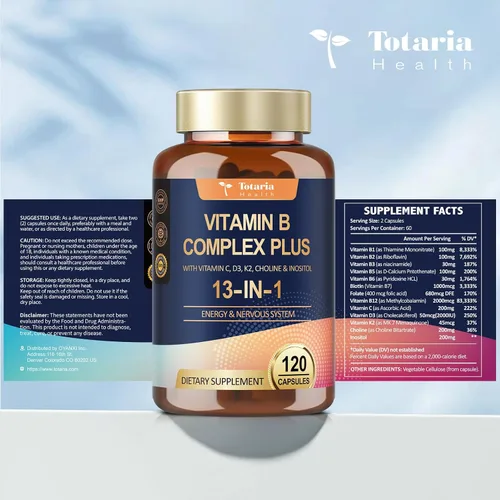 Vista 8 de Complejo de Vitamina B Plus 13 en 1 con Vitamina B1, B2, B3 (Niacina), B4, B5, B6, B7 (Biotina), B8 (Inositol), B9 (Ácido Fólico), B12, C, D3, K2