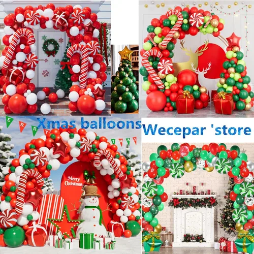 Vista 6 de Kit de arco de guirnalda de globos de Navidad con globos de caramelo verde, rojo y blanco, caja de regalo, globos de estrella roja para decoraciones