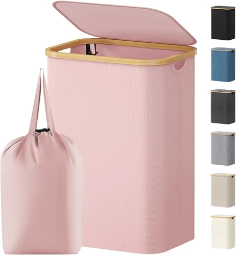 Vista 37 de Lifewit Cesta de lavandería de 80 litros con tapa, cestas de ropa para lavandería con asas de bambú y una bolsa de lavandería extraíble, cesta