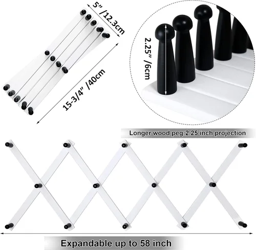 Vista 3 de WEBI Perchero de Pared Acordeón, Perchero de Sombreros de Madera Expandible para Perchero de Abrigos Montado en Pared, Soporte de Ganchos Acordeón