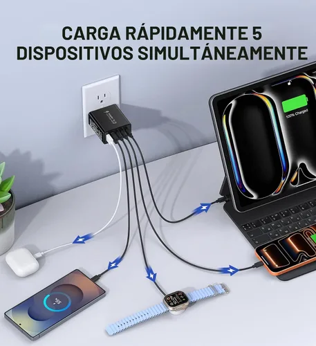 Vista 2 de [Paquete de 2] Cargador de pared USB C, bloque de cargador tipo C de 60 W, bloques de carga rápida de 5 puertos, enchufe multipuerto 3USB C+2USB A
