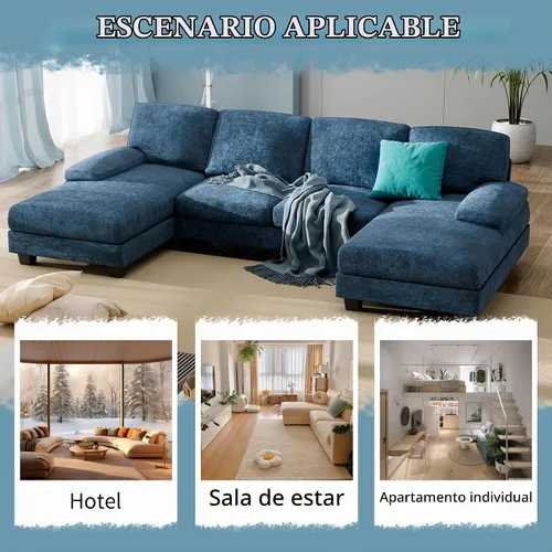 Vista 4 de Furniwell Sofá modular convertible de 4 asientos para sala de estar, sofá modular de tela moderna en forma de U, con diván doble y espuma Azul