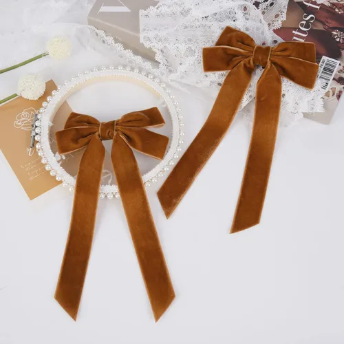 Vista 7 de 2 piezas de broches de cinta de terciopelo con lazos de pelo marrones, broches grandes de cocodrilo de otoño, accesorios para el cabello