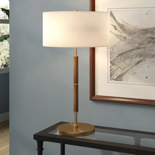Vista 5 de Henn&Hart Lámpara de mesa moderna de 2 tonos de 25 pulgadas con pantalla de tambor de tela blanca para sala de estar, dormitorio u oficina, roble
