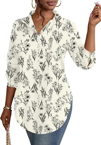 Vista 14 de Rooscier Blusa larga con cuello en V para mujer, manga larga, abertura lateral, con botones