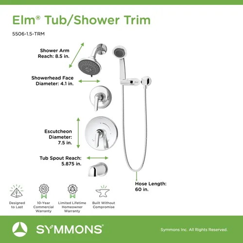 Vista 7 de Symmons 5506-1.5-TRM Elm - Bañera de 2 manijas y molduras de ducha de 5 pulverizaciones con ducha de mano de 3 pulverizaciones en cromo pulido