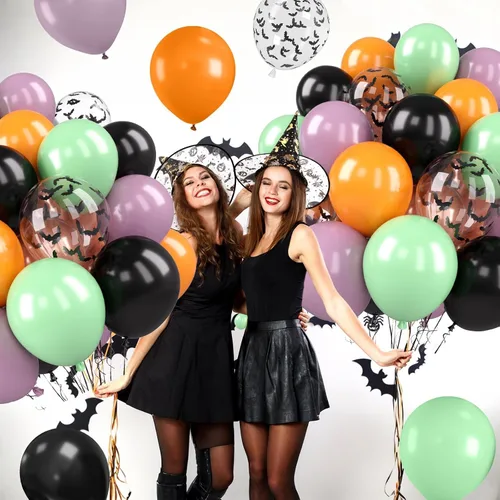 Vista 7 de 50 globos de Halloween, globos de 12 pulgadas, globos morados negros y anaranjados de 12 pulgadas, globos de confeti de murciélago, globos de látex