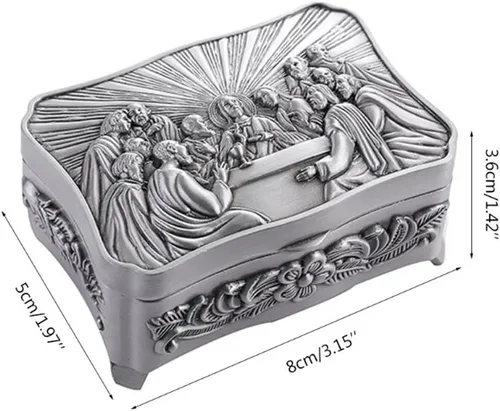 Vista 2 de cenryusa Caja para collar de rosario vintage, caja eucarística de almacenamiento de joyería de la última cena, caja de recuerdo de rosario cristiano