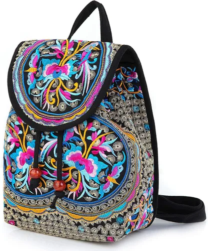 Vista 2 de MAZEXY Mochila bordada para mujer, bolso de hombro bohemio, bolso cruzado de flores étnicas vintage, Zafiro rojo, Causal