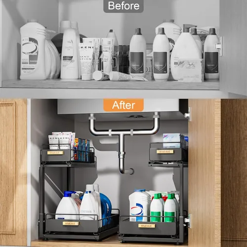 Vista 7 de Organizador bajo el fregadero, Organizador de 2 niveles alto y ajustable bajo el fregadero de la cocina, estante de almacenamiento multiuso