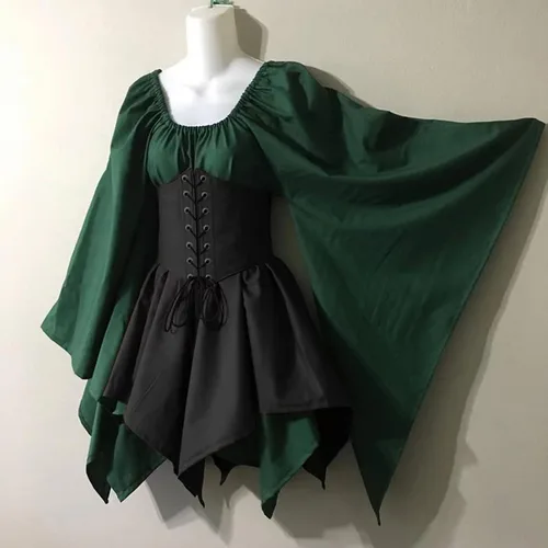 Vista 4 de Vestido medieval élfico irlandés tradicional para mujer, falda de corsé gótico victoriano renacentista (verde y negro, talla S), Verde y negro