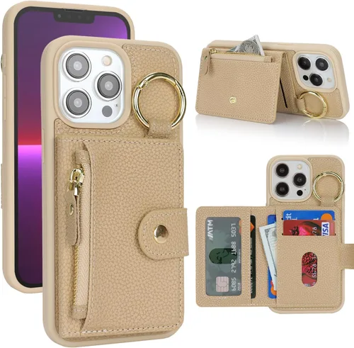 Vista 10 de Funda para iPhone 14 Plus con tarjetero, color negro Funda con cremallera y ranura para mujer y hombre