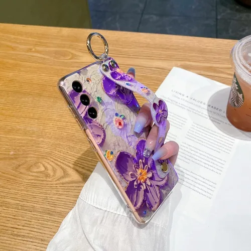 Vista 5 de Funda para Samsung Galaxy S21 [NO Plus] Brillante, con soporte de correa de 6.2 pulgadas, bonita pintura al óleo patrón floral IMD silicona a prueba