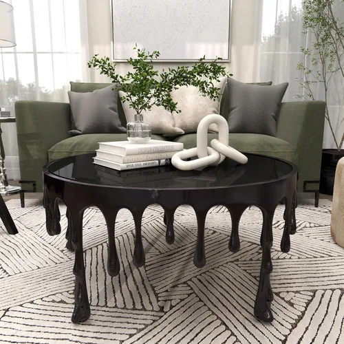 Vista 9 de Deco 79 Mesa de centro de metal de aluminio para sala de estar con patas de diseño fundido y parte superior de vidrio sombreado, mesa central de 36