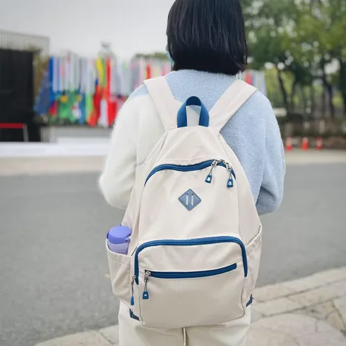 Vista 7 de Lohol Mochila clásica para niñas, niños y adolescentes, bolsa ligera para libros, escuela, viajes, universidad (beige/azul)