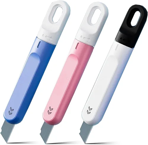 Vista 7 de 3 piezas de cortador de cajas pequeñas, cuchillo utilitario pequeño, mini cortador de caja rosa para mujeres que gira para retraer el abridor